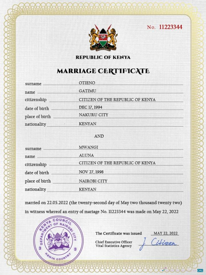 Download Kenya marriage certificate PSD template Photoshop template